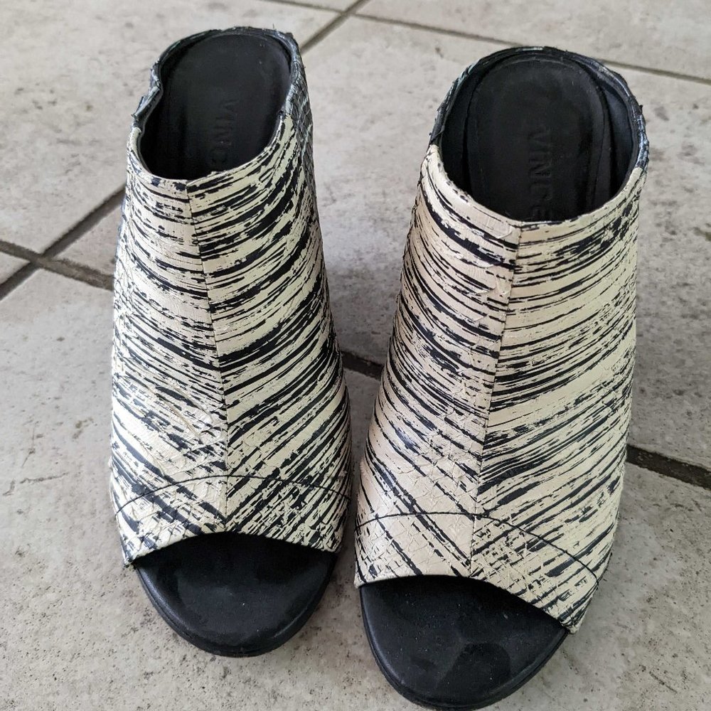 Vince Black and White Wedge Mules/Slides